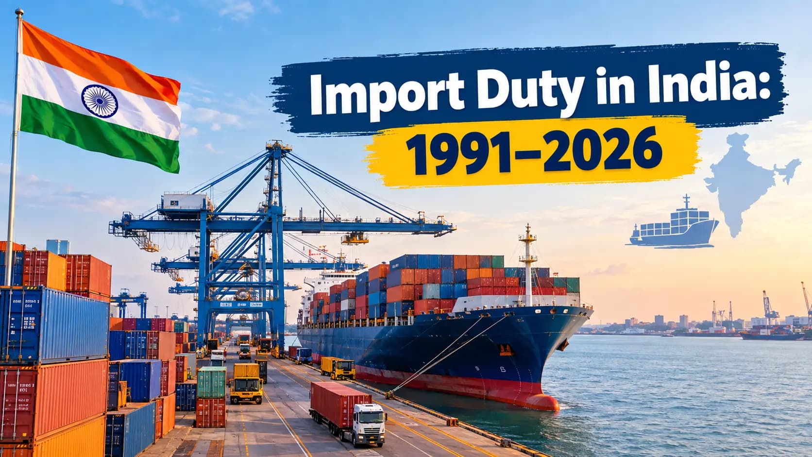 Import duty in India 1991–2026 – container ship and cranes at an Indian port with the Indian flag